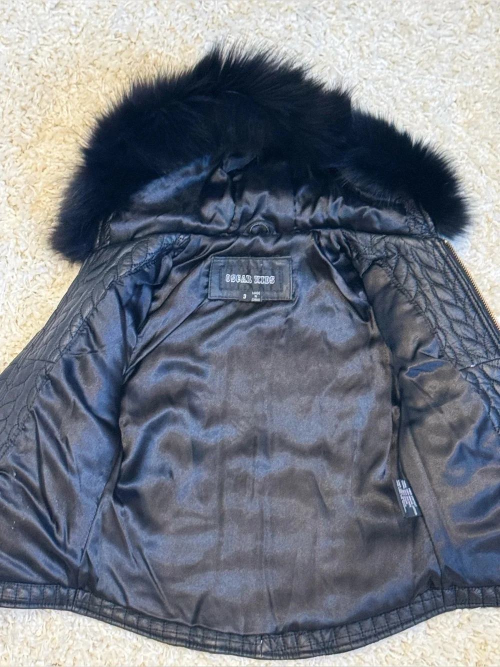 Oscar Kids Luxe Black Quilted 100% Leather Biker Moto Jacket Fur Trim Hood Sz 3
